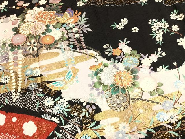 平和屋着物●豪華振袖　絞り　片輪車花蝶文　黒地　金銀彩　正絹　逸品　AABL3600fy