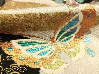 平和屋着物●豪華振袖　絞り　片輪車花蝶文　黒地　金銀彩　正絹　逸品　AABL3600fy