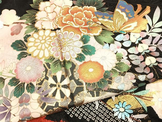 平和屋着物●豪華振袖　絞り　片輪車花蝶文　黒地　金銀彩　正絹　逸品　AABL3600fy