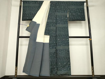平和屋着物●上質な小紋　紬地　横段花文　正絹　逸品　AABL3606ck