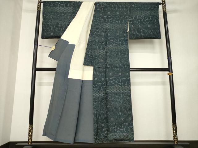 平和屋着物●上質な小紋　紬地　横段花文　正絹　逸品　AABL3606ck