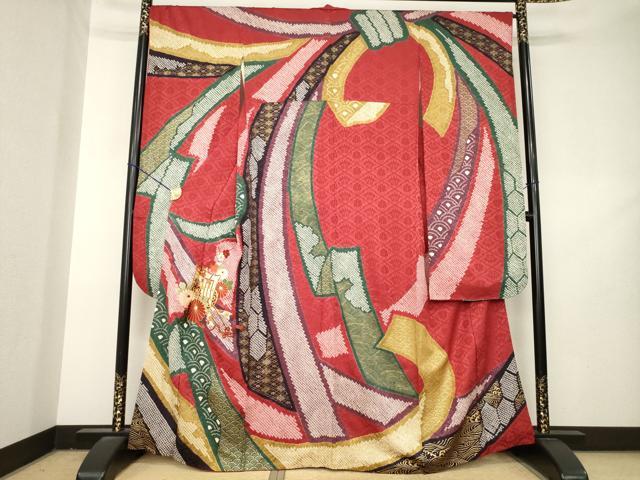 平和屋着物●豪華振袖　絞り　駒刺繍　御所車花文　正絹　逸品　AABL3607ck