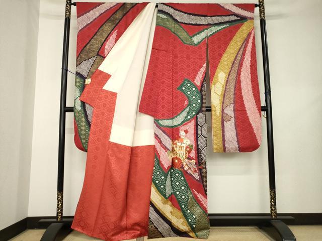 平和屋着物●豪華振袖　絞り　駒刺繍　御所車花文　正絹　逸品　AABL3607ck