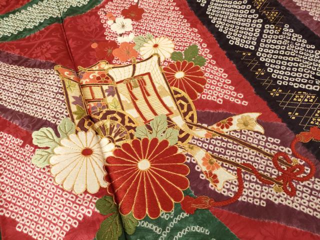 平和屋着物●豪華振袖　絞り　駒刺繍　御所車花文　正絹　逸品　AABL3607ck