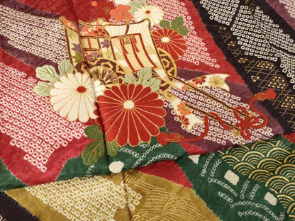 平和屋着物●豪華振袖　絞り　駒刺繍　御所車花文　正絹　逸品　AABL3607ck