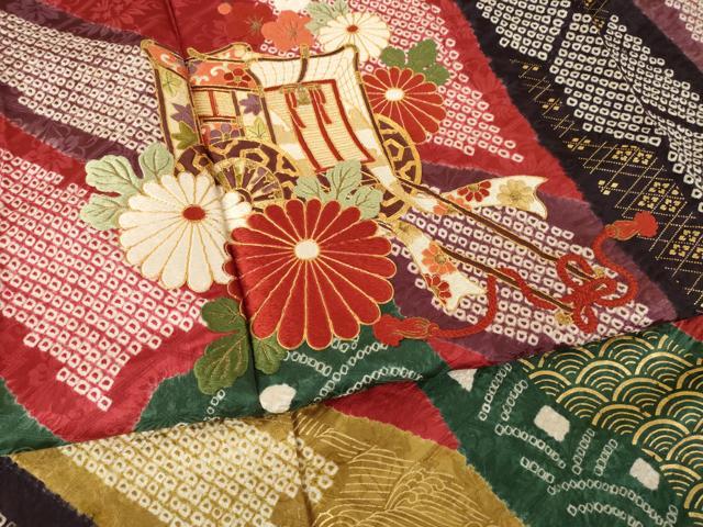 平和屋着物●豪華振袖　絞り　駒刺繍　御所車花文　正絹　逸品　AABL3607ck