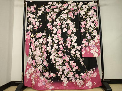 平和屋着物●豪華振袖　枝桜　暈し染め　黒地　金彩　正絹　逸品　AABL3609ck