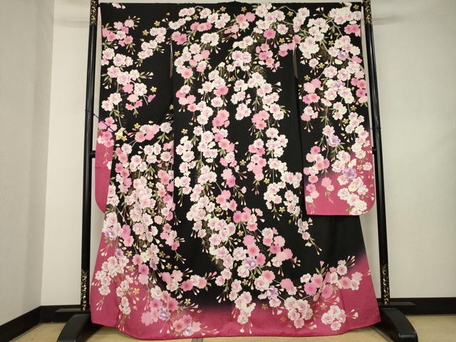 平和屋着物●豪華振袖　枝桜　暈し染め　黒地　金彩　正絹　逸品　AABL3609ck