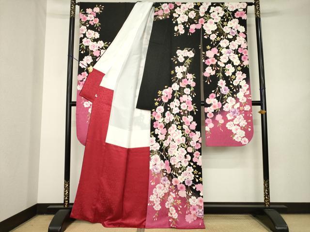 平和屋着物●豪華振袖　枝桜　暈し染め　黒地　金彩　正絹　逸品　AABL3609ck