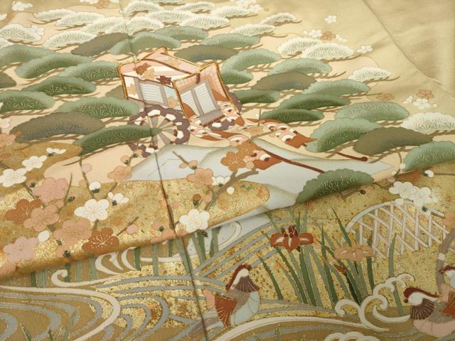 平和屋着物●豪華色留袖　駒刺繍　御所車花文　金彩　正絹　逸品　AABL3612ck