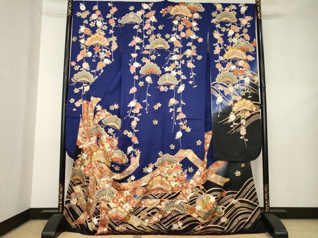 平和屋着物●豪華振袖　駒刺繍　飛鶴吉祥松文　黒地　ロング丈　正絹　逸品　AABL3618ck