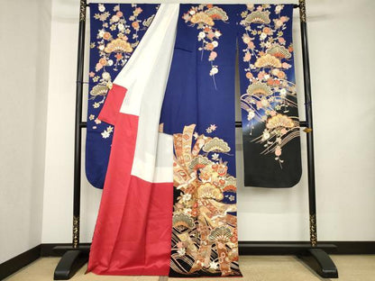平和屋着物●豪華振袖　駒刺繍　飛鶴吉祥松文　黒地　ロング丈　正絹　逸品　AABL3618ck