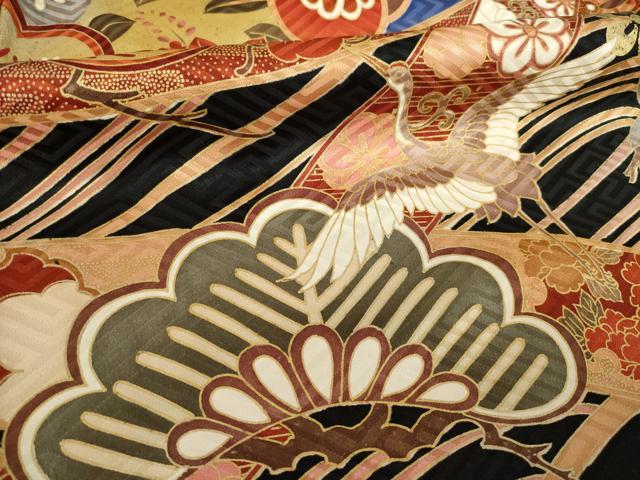 平和屋着物●豪華振袖　駒刺繍　飛鶴吉祥松文　黒地　ロング丈　正絹　逸品　AABL3618ck