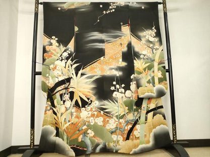 平和屋本店●アンティーク　大正ロマン　振袖　竹　枝梅　金彩　正絹　逸品　AABL3620ck