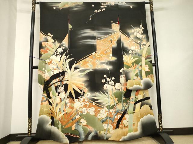 平和屋本店●アンティーク　大正ロマン　振袖　竹　枝梅　金彩　正絹　逸品　AABL3620ck