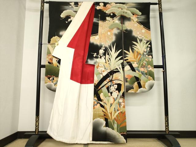 平和屋本店●アンティーク　大正ロマン　振袖　竹　枝梅　金彩　正絹　逸品　AABL3620ck