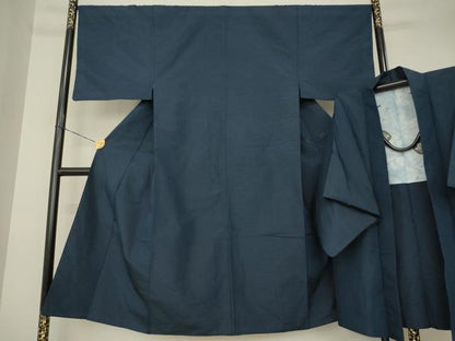 平和屋着物●男性　紬　アンサンブル　藍鉄色　正絹　逸品　AABL3623ck