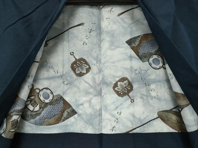 平和屋着物●男性　紬　アンサンブル　藍鉄色　正絹　逸品　AABL3623ck