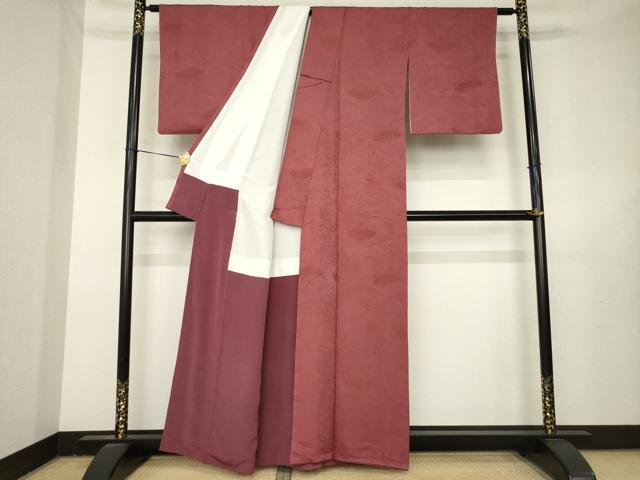 平和屋着物●上質な色無地　扇面地紋　蘇芳香色　正絹　逸品　AABL3624ck