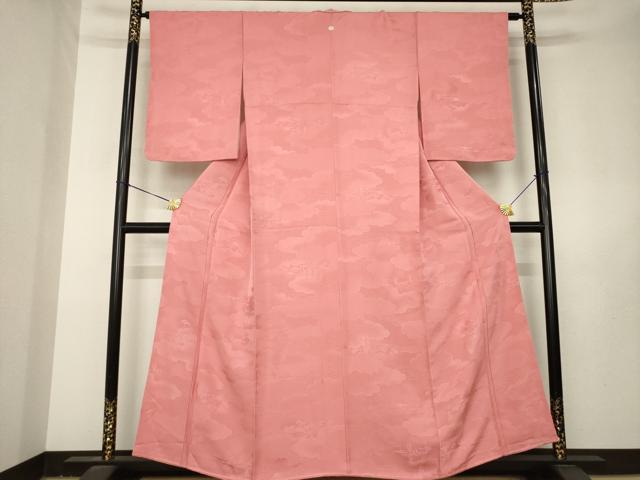 平和屋着物●上質な色無地　風景地紋　甚三紅色　正絹　逸品　AABL3626ck