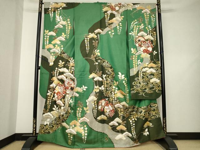 平和屋着物●豪華振袖　駒刺繍　花蝶丸文　金通し地　正絹　逸品　AABL3631ck