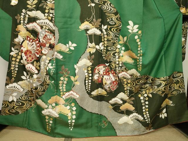 平和屋着物●豪華振袖　駒刺繍　花蝶丸文　金通し地　正絹　逸品　AABL3631ck