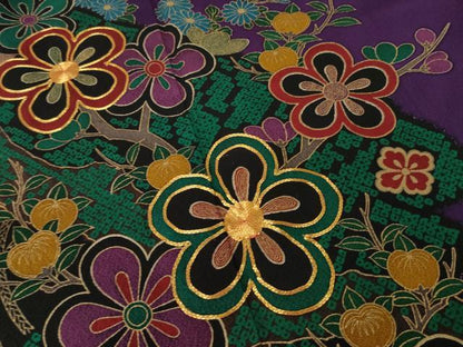 平和屋着物●豪華振袖　駒刺繍　扇面花文　正絹　逸品　AABL3640ck