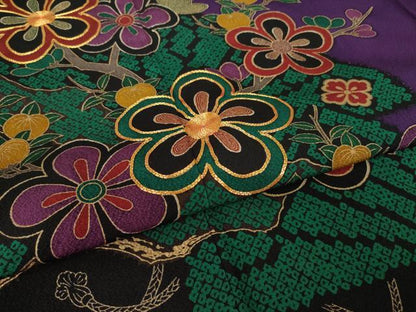 平和屋着物●豪華振袖　駒刺繍　扇面花文　正絹　逸品　AABL3640ck