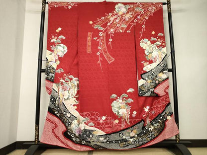 平和屋着物●豪華振袖　絞り　駒刺繍　流水御所車花文　金銀彩　正絹　逸品　AABL3648ck