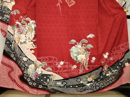 平和屋着物●豪華振袖　絞り　駒刺繍　流水御所車花文　金銀彩　正絹　逸品　AABL3648ck
