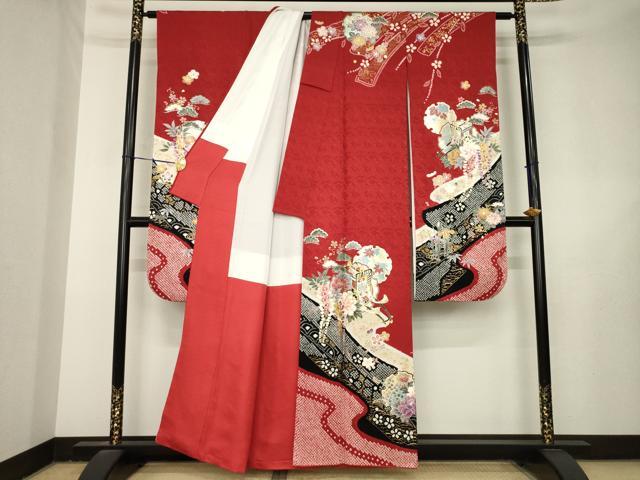 平和屋着物●豪華振袖　絞り　駒刺繍　流水御所車花文　金銀彩　正絹　逸品　AABL3648ck