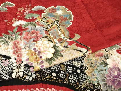 平和屋着物●豪華振袖　絞り　駒刺繍　流水御所車花文　金銀彩　正絹　逸品　AABL3648ck