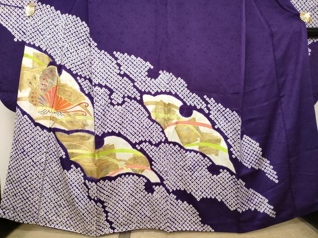 平和屋着物●豪華振袖　絞り　駒刺繍　雪芝舞蝶文　金彩　正絹　逸品　AABL3652ck