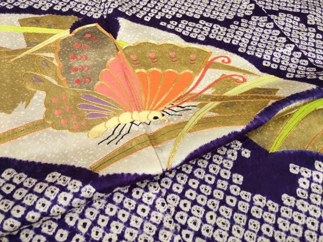 平和屋着物●豪華振袖　絞り　駒刺繍　雪芝舞蝶文　金彩　正絹　逸品　AABL3652ck