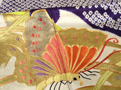 平和屋着物●豪華振袖　絞り　駒刺繍　雪芝舞蝶文　金彩　正絹　逸品　AABL3652ck