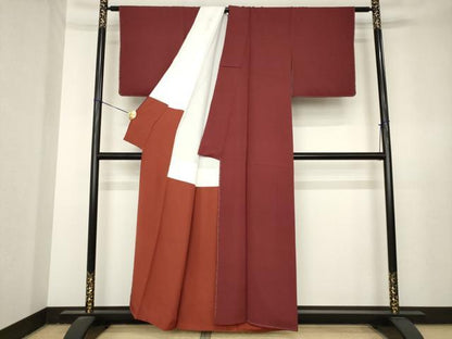平和屋着物●上質な色無地　よろけ縞地紋　葡萄茶色　正絹　逸品　未使用　AABL3653ck