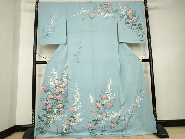平和屋着物●十日町友禅作家　一梗　訪問着　草花文　ロング丈　正絹　逸品　AABL3658ck