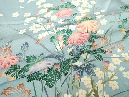 平和屋着物●十日町友禅作家　一梗　訪問着　草花文　ロング丈　正絹　逸品　AABL3658ck