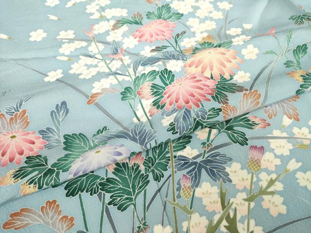 平和屋着物●十日町友禅作家　一梗　訪問着　草花文　ロング丈　正絹　逸品　AABL3658ck