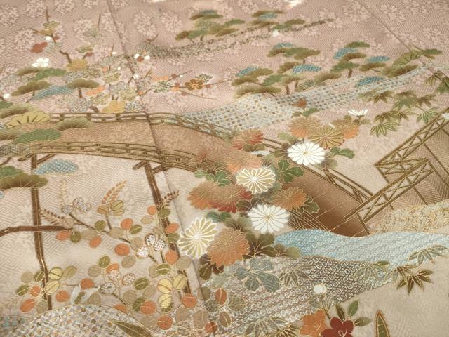 平和屋着物●豪華色留袖　風景花文　金彩　正絹　逸品　AABL3661ck