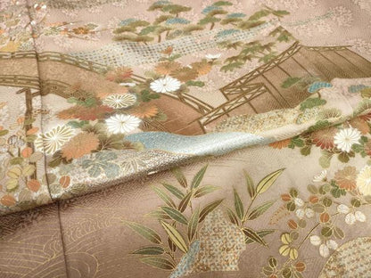 平和屋着物●豪華色留袖　風景花文　金彩　正絹　逸品　AABL3661ck