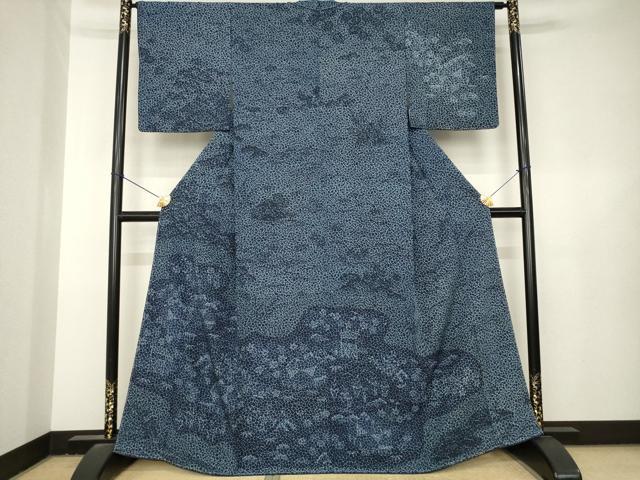 平和屋着物●訪問着　流水風景文　藍　正絹　逸品　未使用　AABL3662ck