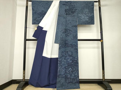 平和屋着物●訪問着　流水風景文　藍　正絹　逸品　未使用　AABL3662ck