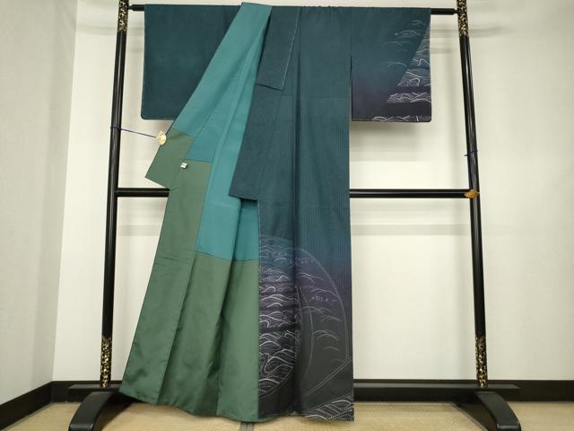 平和屋着物●本場縞大島紬　訪問着　作家物　蘇州刺繍　総刺繍　立波文　夢織工房　まるやま扱い　正絹　逸品　AABL3675ck