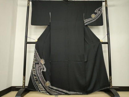 平和屋着物●訪問着　絞り　刺繍　流水花文　黒地　金糸　金彩　正絹　逸品　AABL3680ck