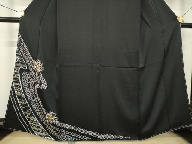 平和屋着物●訪問着　絞り　刺繍　流水花文　黒地　金糸　金彩　正絹　逸品　AABL3680ck