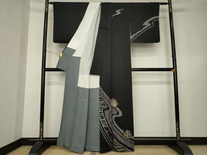 平和屋着物●訪問着　絞り　刺繍　流水花文　黒地　金糸　金彩　正絹　逸品　AABL3680ck