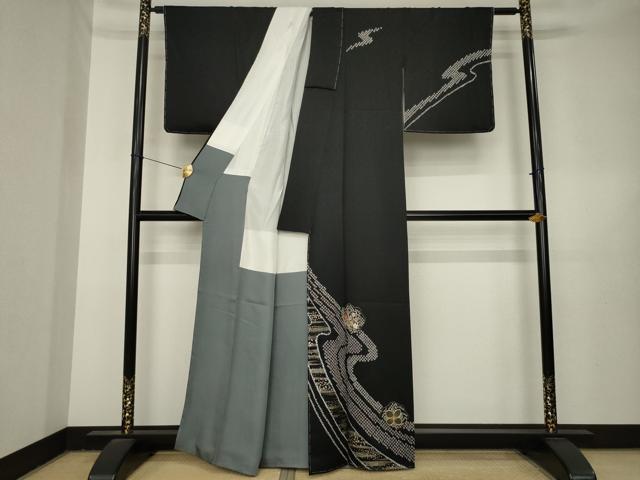 平和屋着物●訪問着　絞り　刺繍　流水花文　黒地　金糸　金彩　正絹　逸品　AABL3680ck