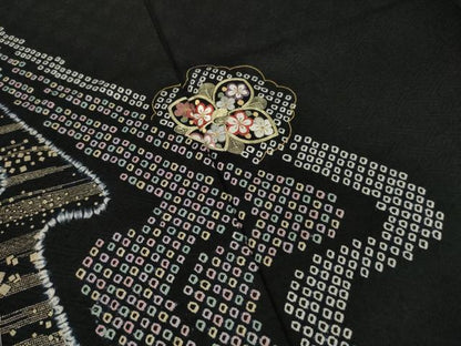 平和屋着物●訪問着　絞り　刺繍　流水花文　黒地　金糸　金彩　正絹　逸品　AABL3680ck