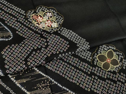 平和屋着物●訪問着　絞り　刺繍　流水花文　黒地　金糸　金彩　正絹　逸品　AABL3680ck